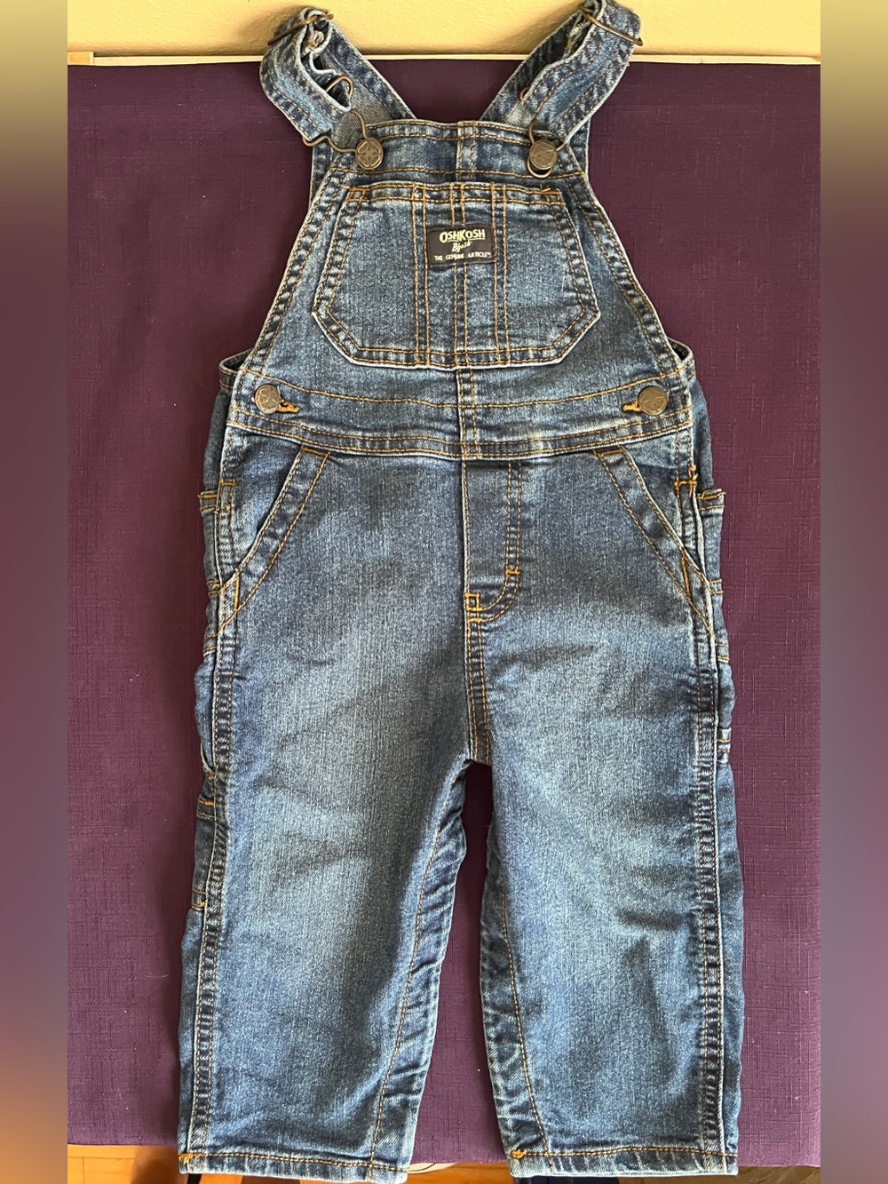 OshKosh B'gosh Denim Overalls - Dark Blue with Gold Stitching 18 Months